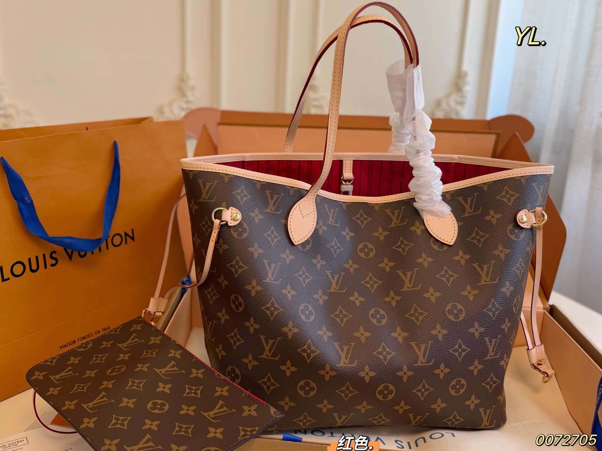 LV Neverfull MM Monogram Canvas Tote Red Interior