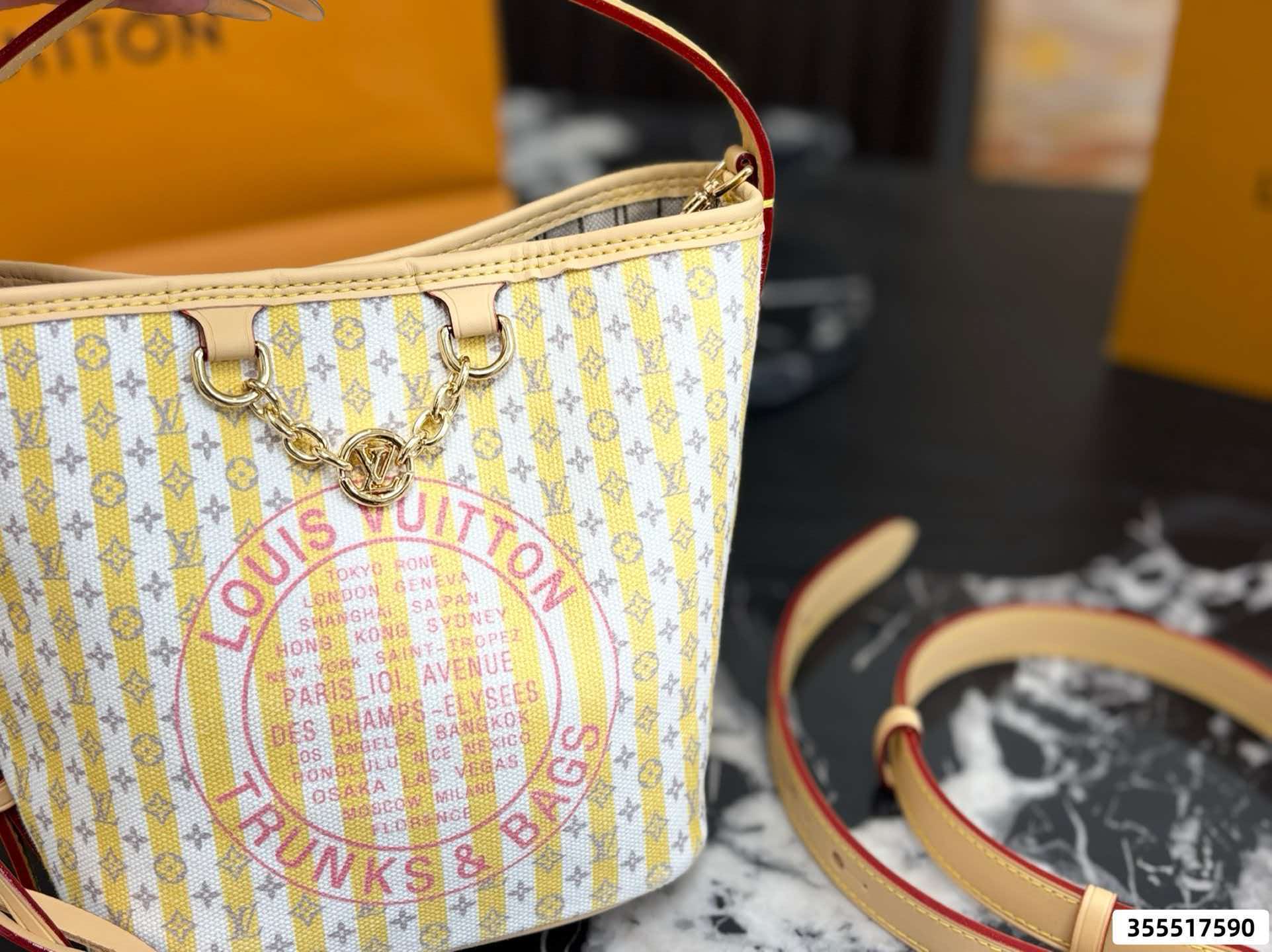 Trunks&Bags yellow stripes LV All‑in BB bucket bag, polished gold hardware with adjustable shoulder strap