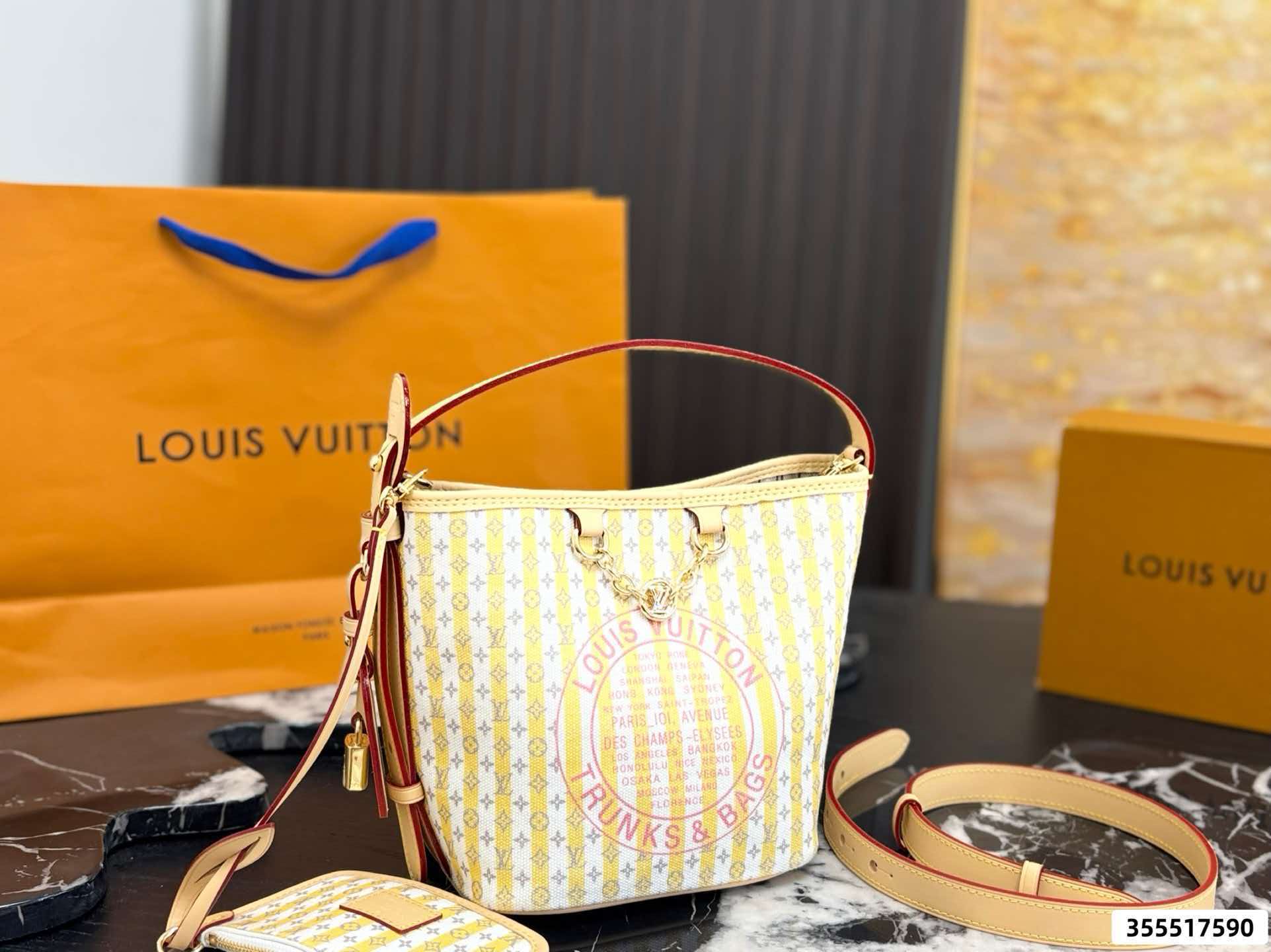 Trunks&Bags yellow stripes LV All‑in BB bucket bag, polished gold hardware with adjustable shoulder strap