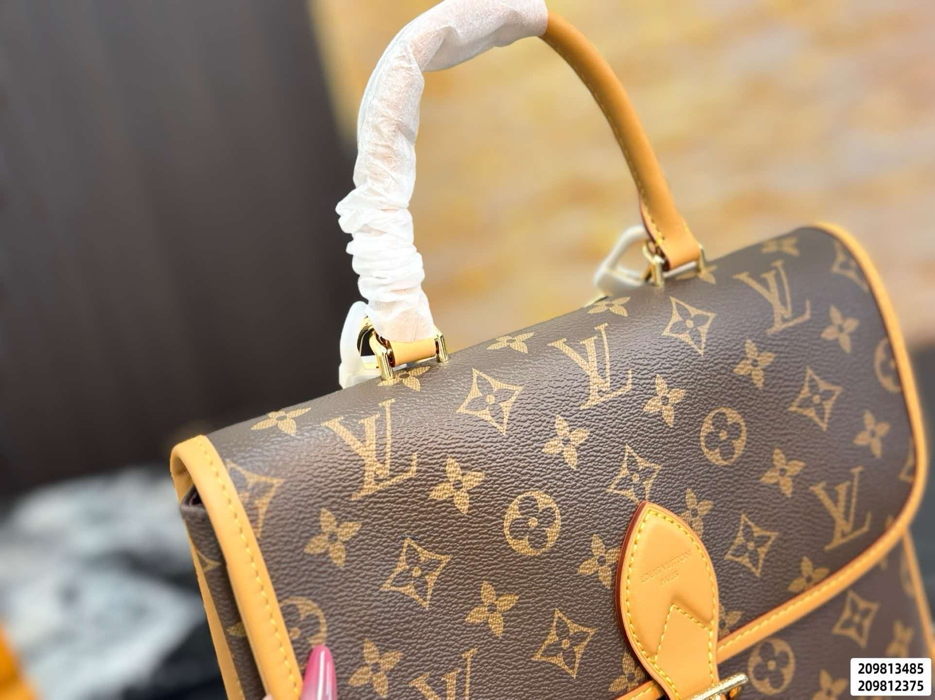 Monogram brown LV Diane Backpack PM, polished gold‑toned hardware with adjustable removable straps