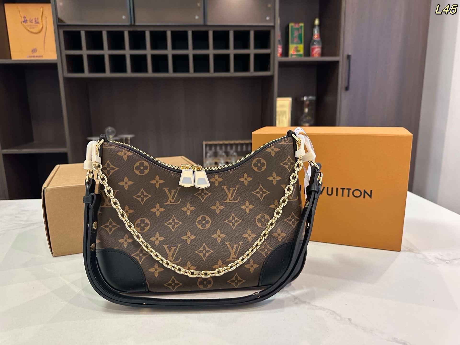 LV Boulogne Black Corner Monogram Hobo Shoulder Bag