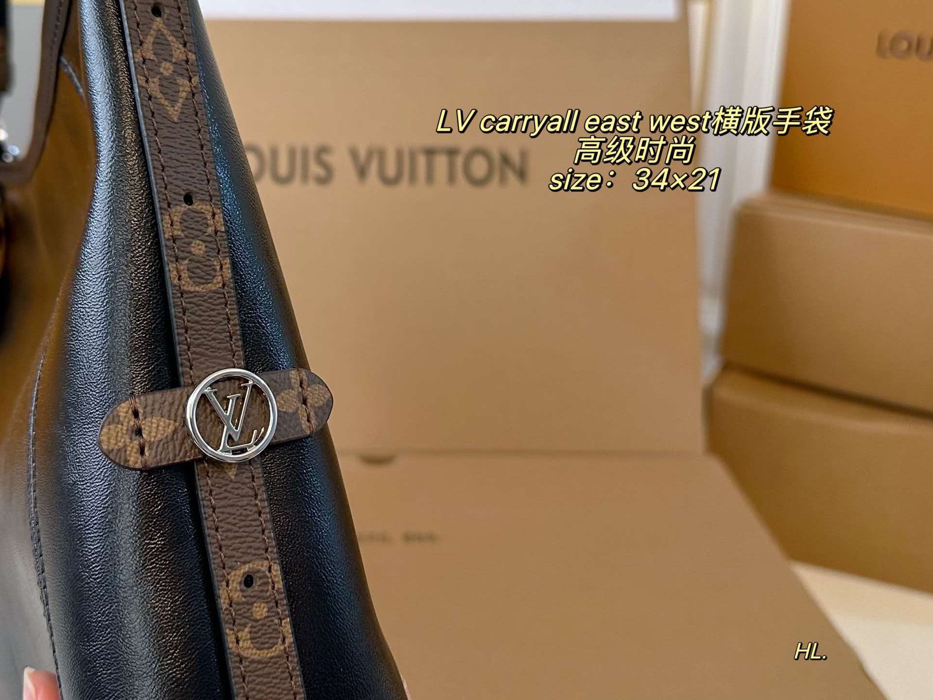 Black lambskin LV Carryall East West tote with polished silver hardware and detachable monogram name tag