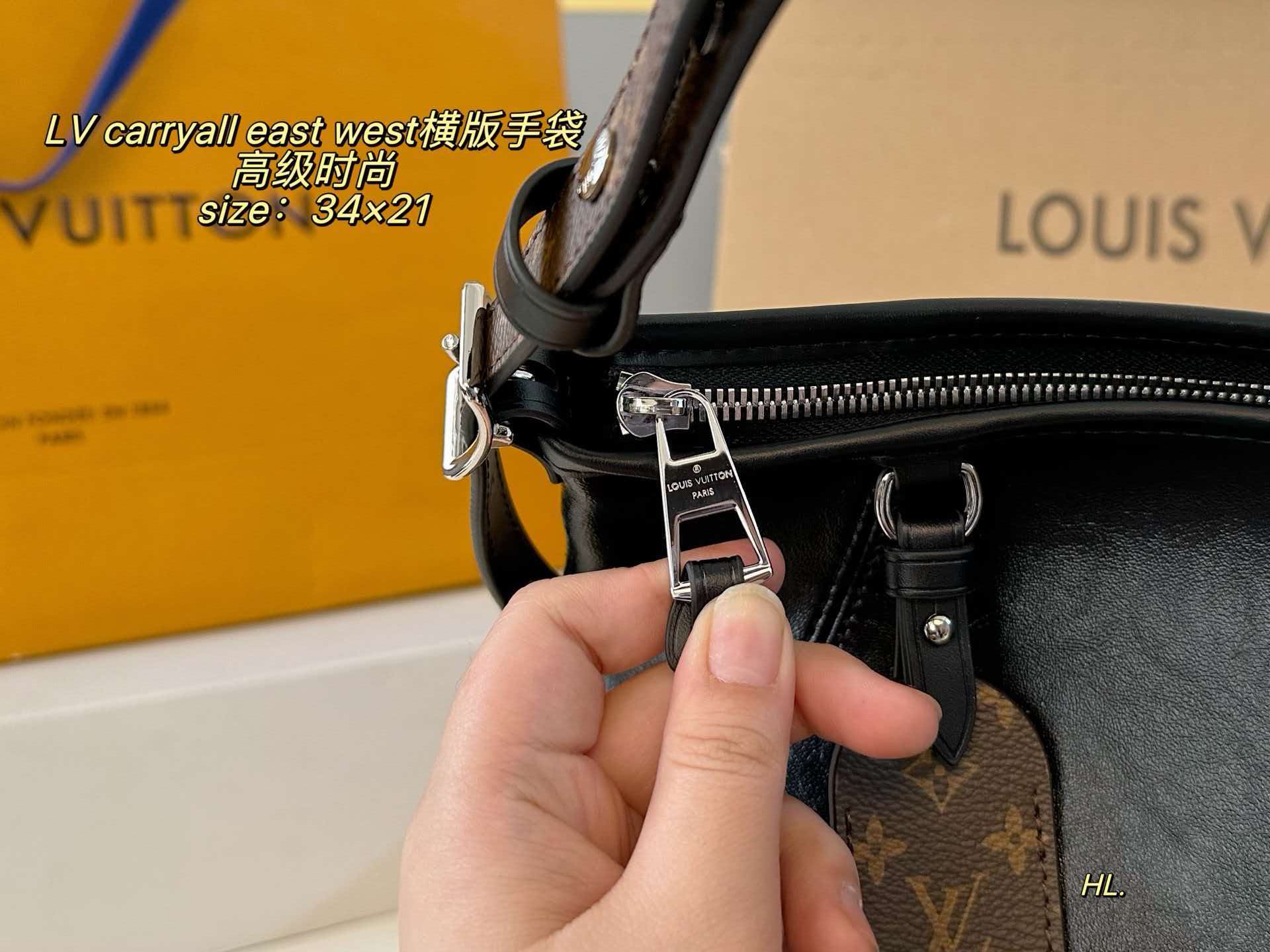 LV Carryall East West Black Lambskin Monogram Trim Shoulder Tote Bag