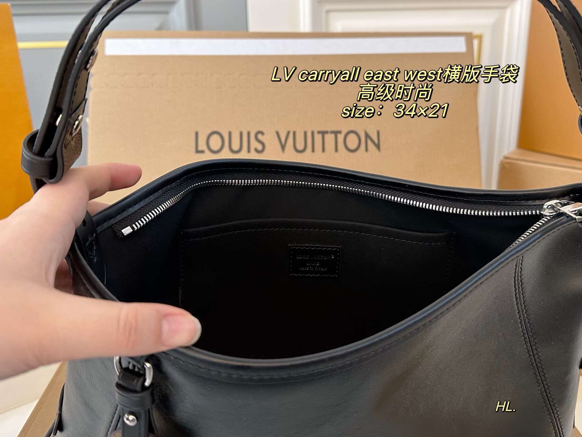 LV Carryall East West Black Lambskin Monogram Trim Shoulder Tote Bag
