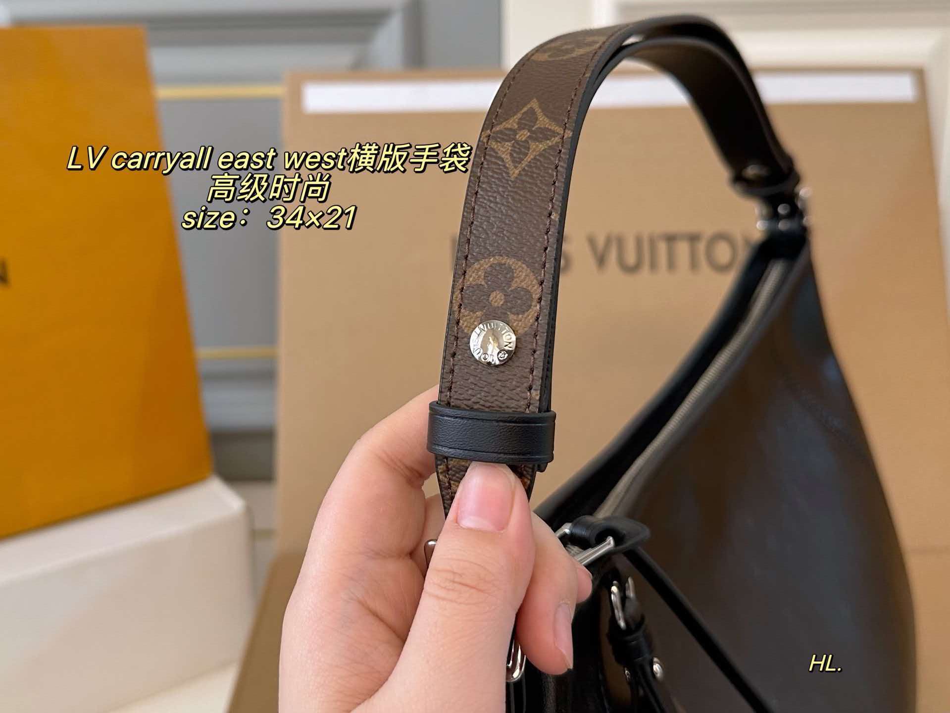 LV Carryall East West Black Lambskin Monogram Trim Shoulder Tote Bag