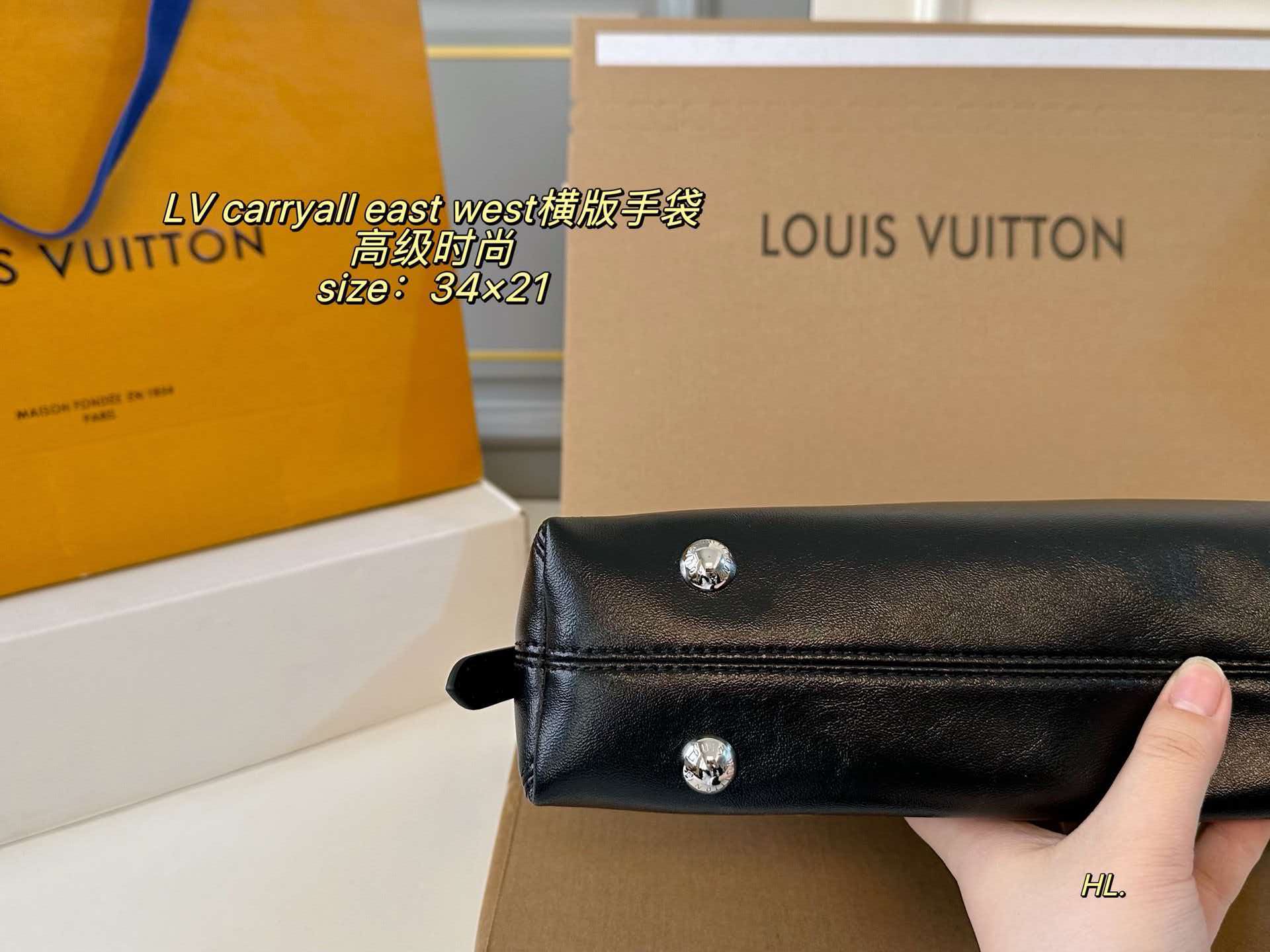 LV Carryall East West Black Lambskin Monogram Trim Shoulder Tote Bag