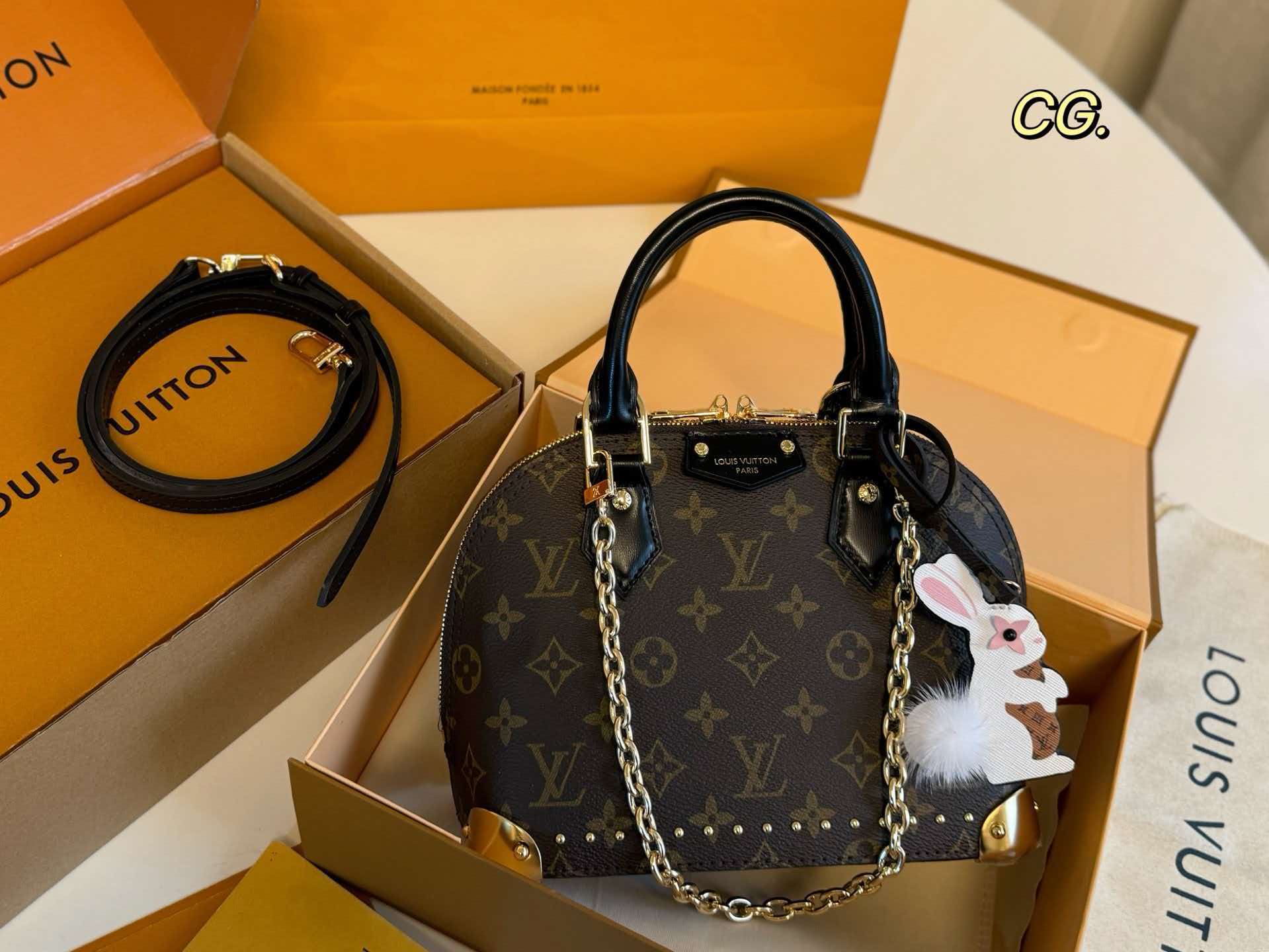 LV Alma BB Monogram Canvas Rabbit Charm Dome Handbag