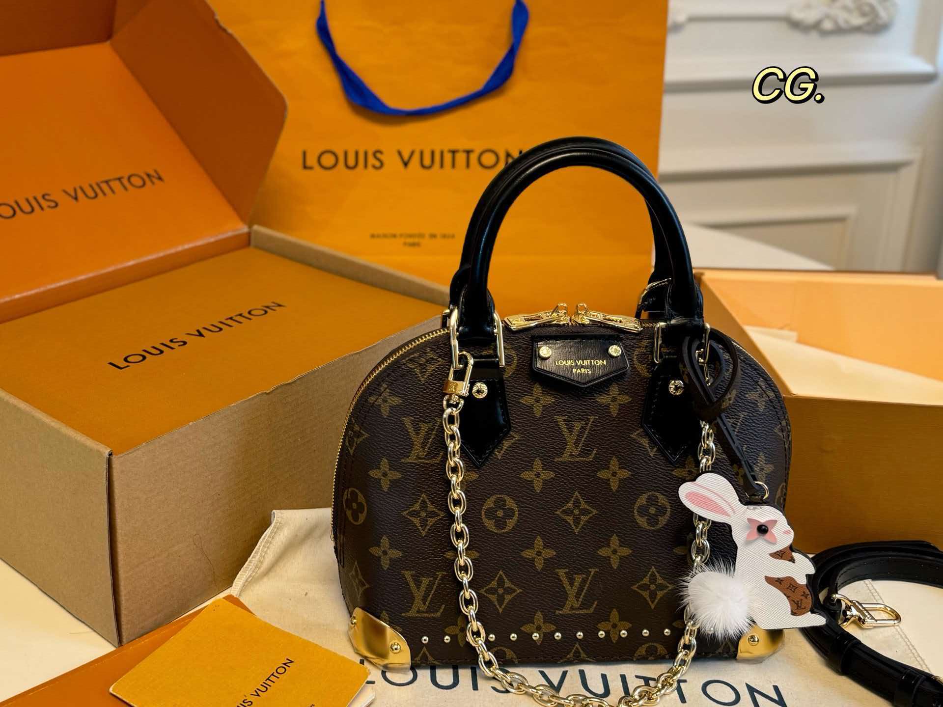 LV Alma BB Monogram Canvas Rabbit Charm Dome Handbag