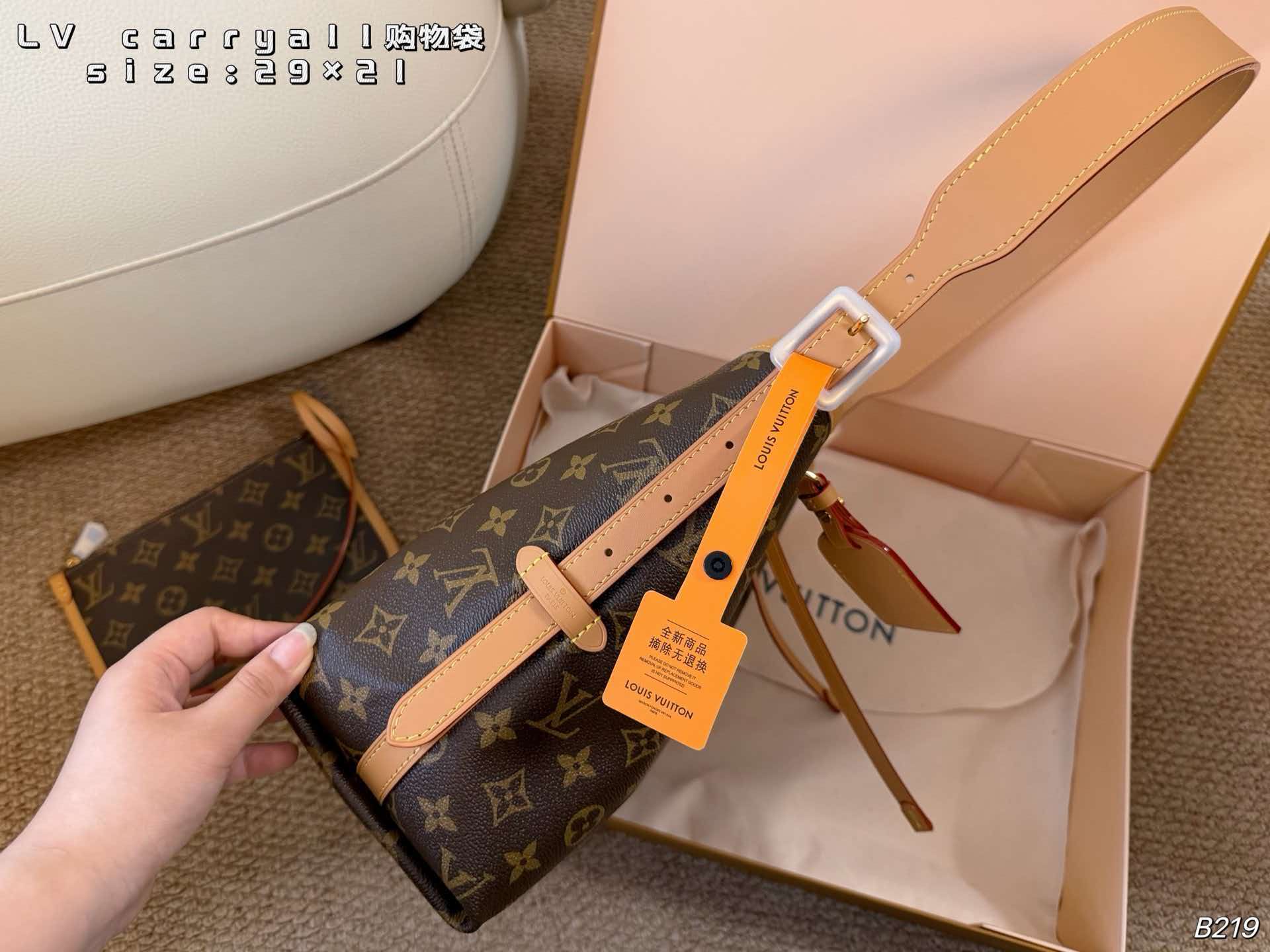 Monogram LV Carryall PM hobo tote with vachetta leather trim, polished gold hardware and matching pouch
