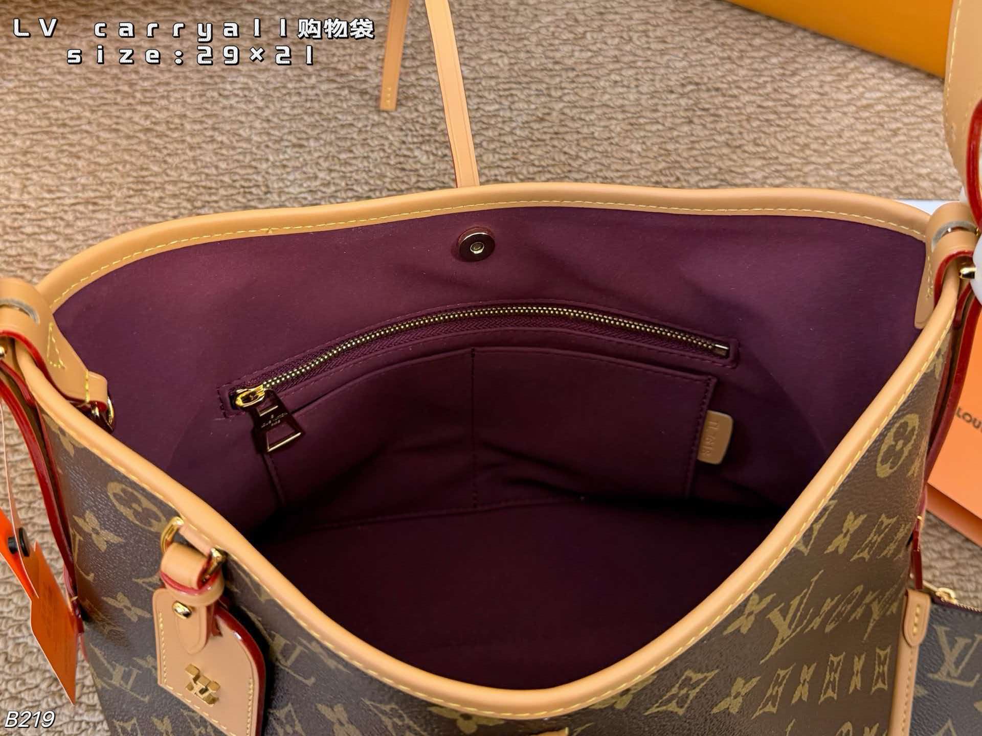 Monogram LV Carryall PM hobo tote with vachetta leather trim, polished gold hardware and matching pouch