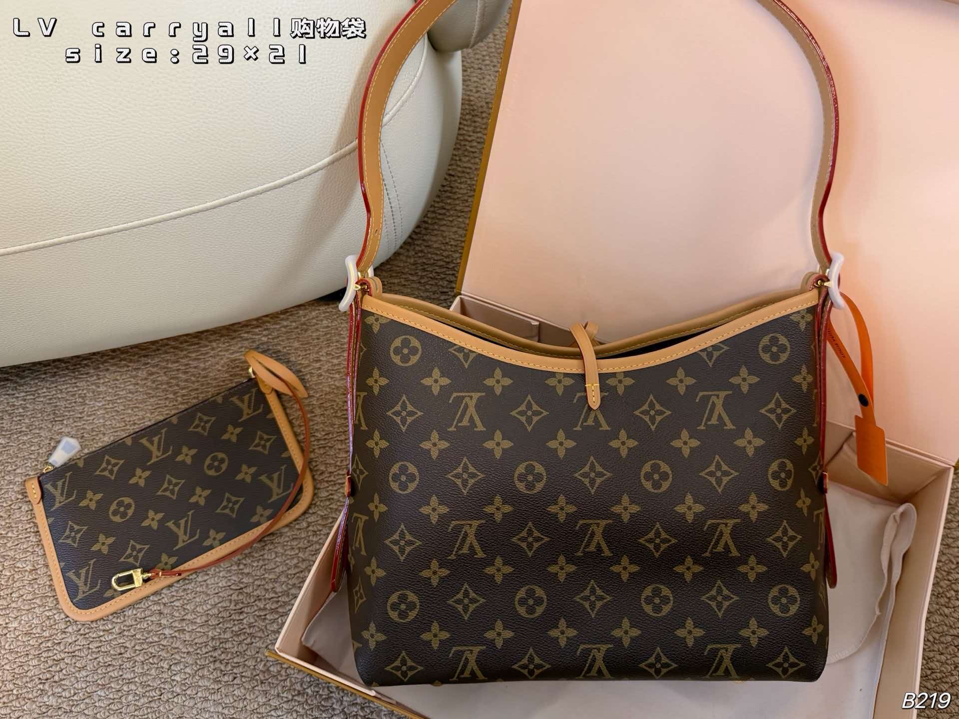 LV Carryall PM Monogram Canvas Hobo Shoulder Tote Bag With Pouch