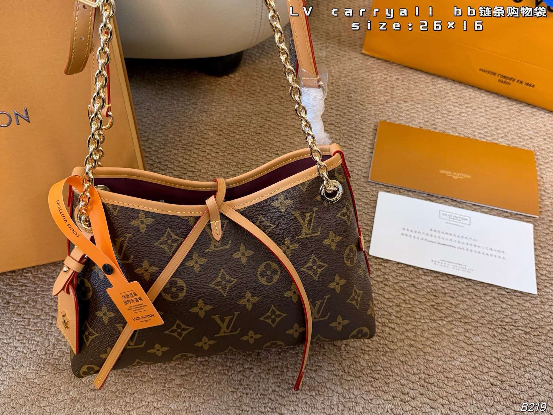 Monogram LV Carryall BB hobo bag with polished gold chain strap, vachetta leather trim