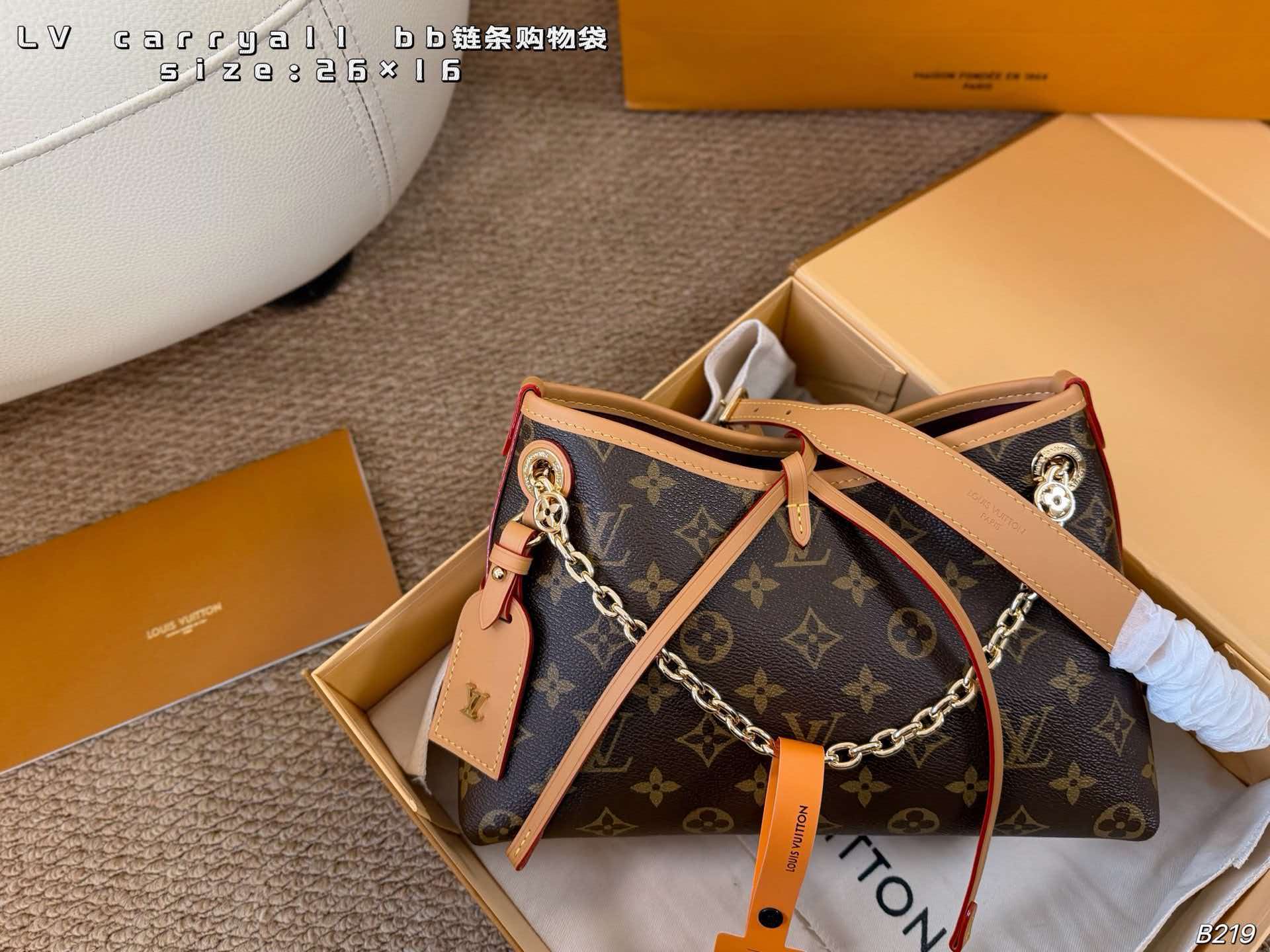 Monogram LV Carryall BB hobo bag with polished gold chain strap, vachetta leather trim