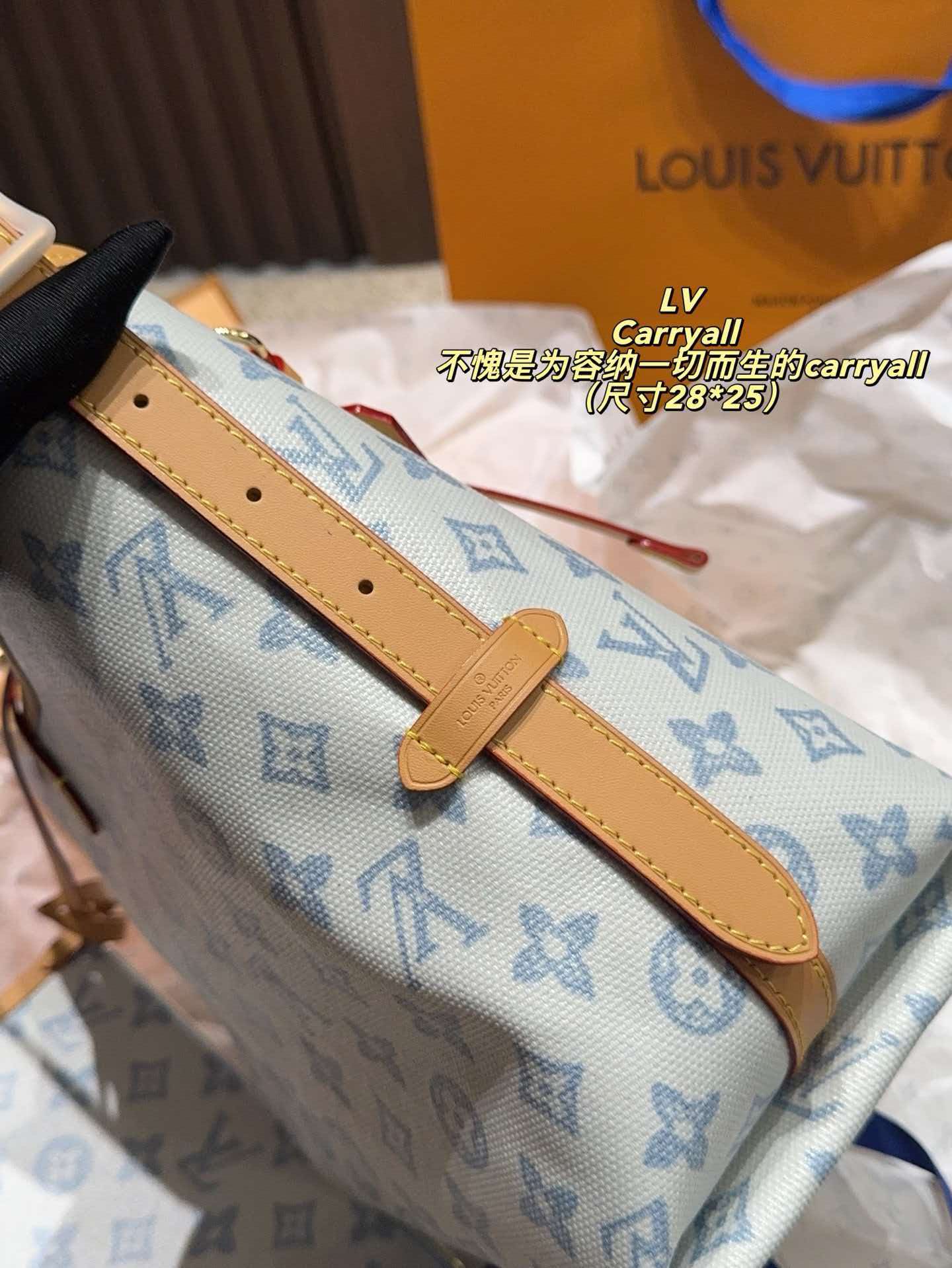 LV Carryall PM Light Blue Monogram Canvas Hobo Shoulder Tote Bag With Pouch