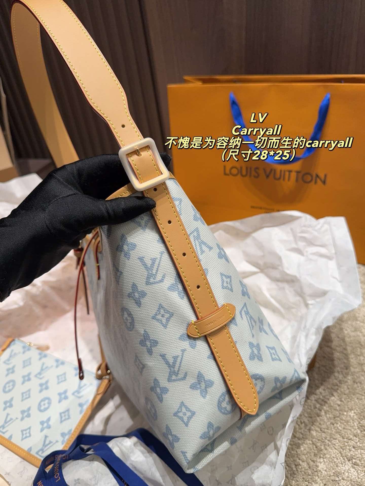 LV Carryall PM Light Blue Monogram Canvas Hobo Shoulder Tote Bag With Pouch