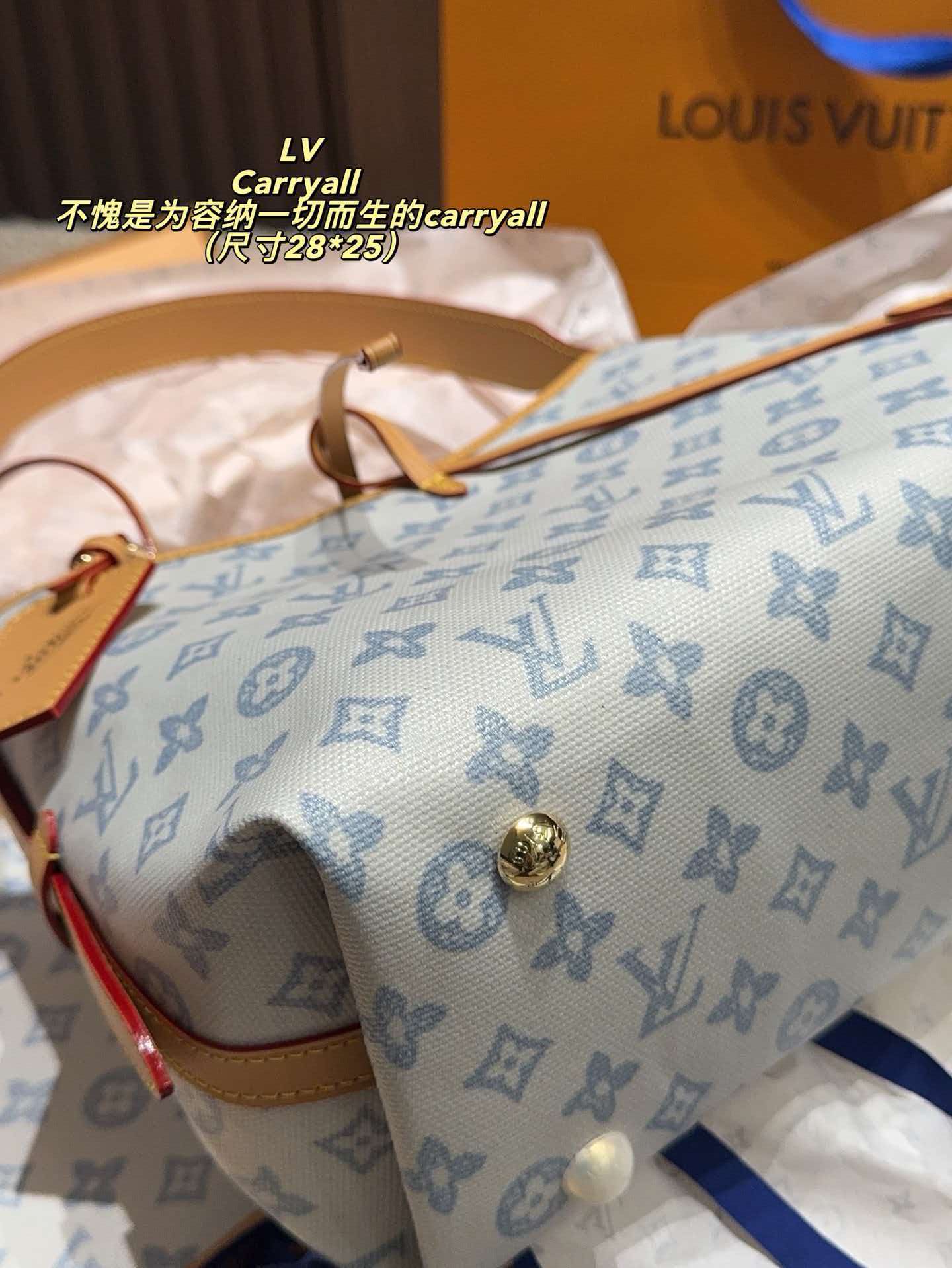 LV Carryall PM Light Blue Monogram Canvas Hobo Shoulder Tote Bag With Pouch
