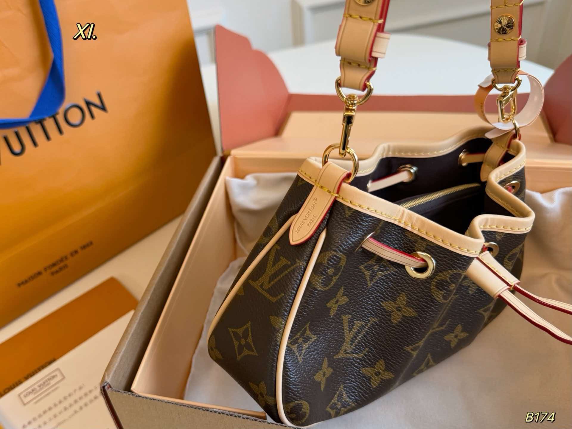 Monogram nano drawstring crossbody bag gold‑tone hardware women daily mini purse