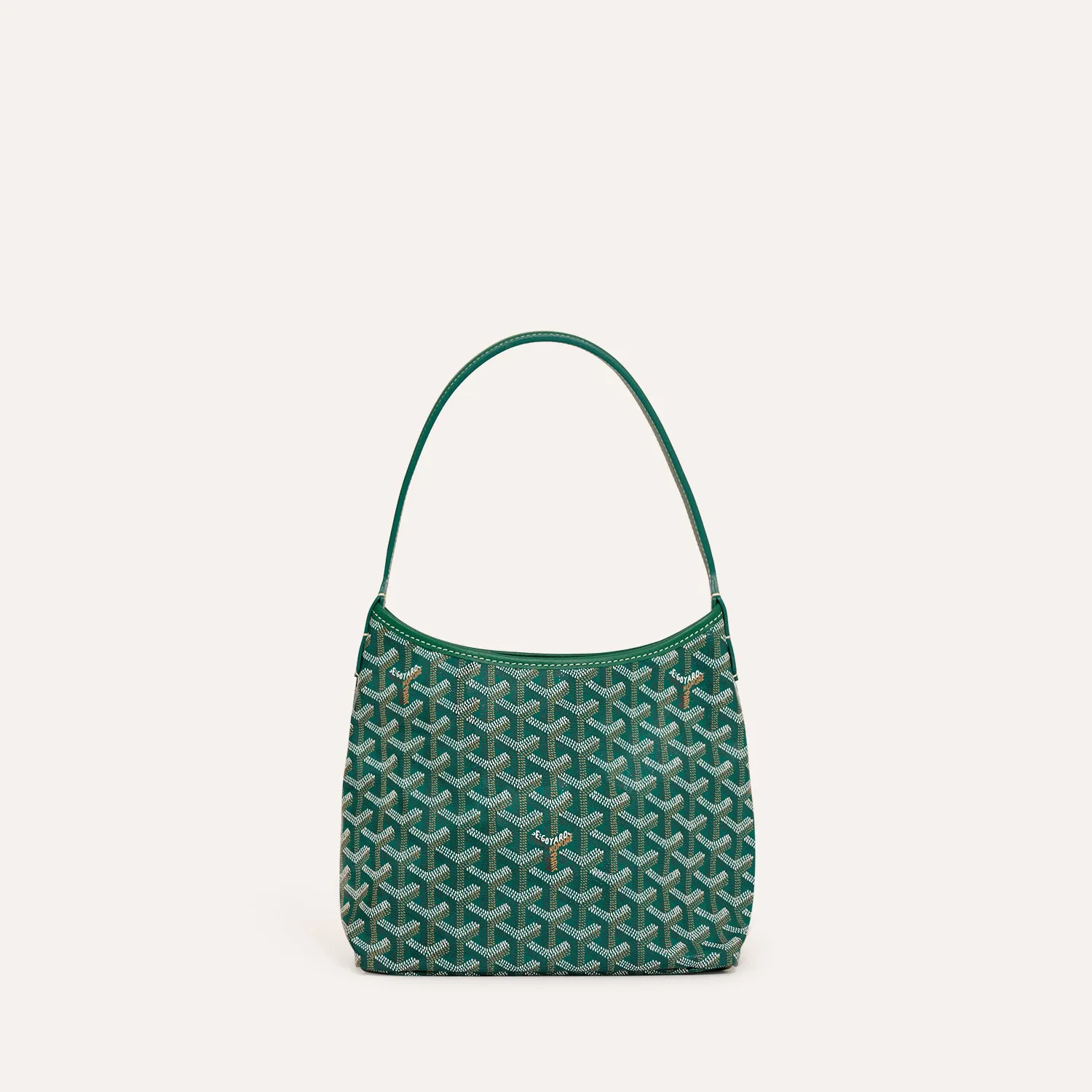 Goyard Mini Boheme Hobo green shoulder bag, iconic goyardine chevron canvas, calfskin trim, wide shoulder strap, compact hobo underarm bag
