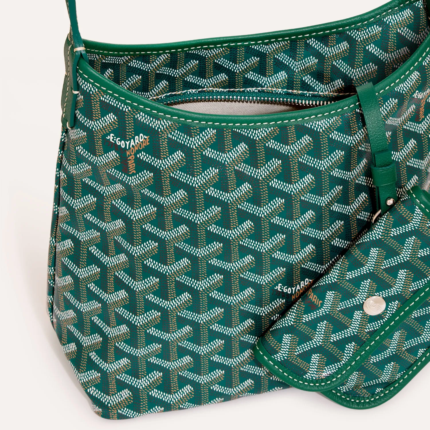 Goyard Mini Boheme Hobo green shoulder bag, iconic goyardine chevron canvas, calfskin trim, wide shoulder strap, compact hobo underarm bag