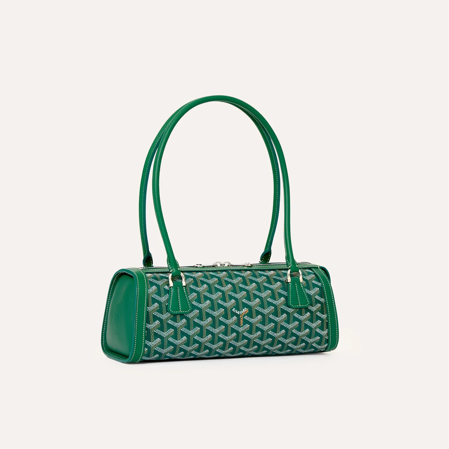 Goyard Bonbonniere PM green baguette shoulder underarm bag, iconic goyardine canvas, chevroches calfskin trim, palladium‑tone hardware, double zipper sliders