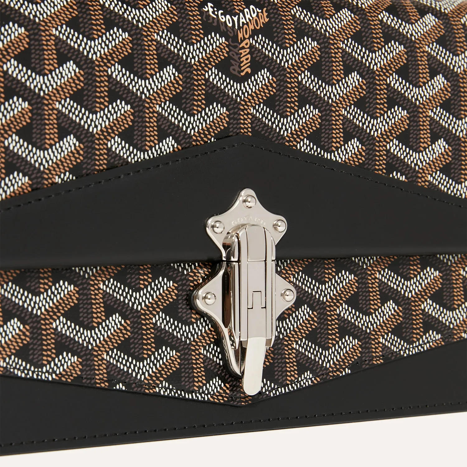 Goyard Duchesse Marie‑Caroline PM brown chain crossbody bag, iconic goyardine canvas, calfskin trim, silver‑tone vintage clasp, chain‑leather hybrid strap