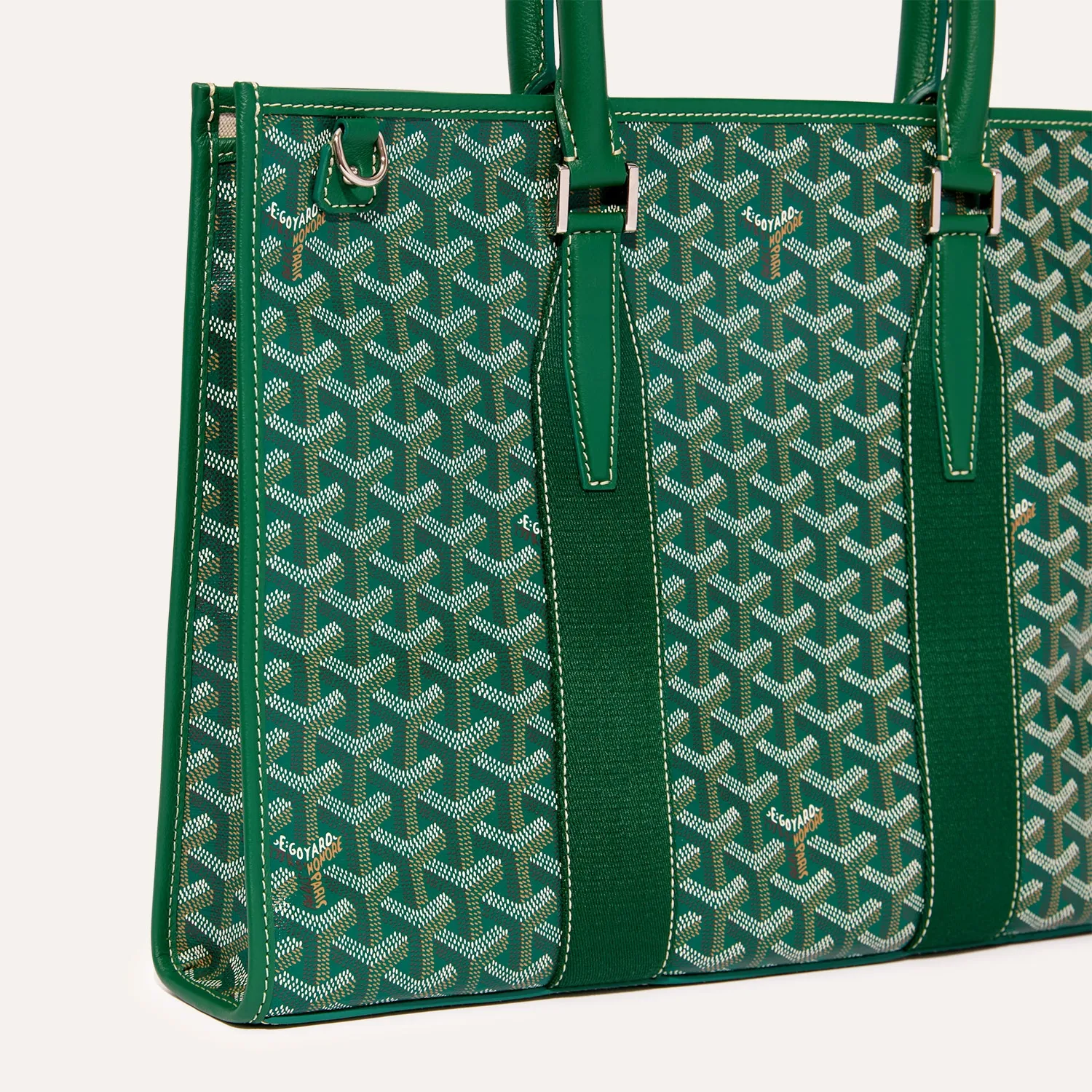 Goyard Morvan Document Case green zip tote bag, iconic goyardine canvas, chevroches calfskin trim, full‑zip closure, D‑rings for optional shoulder strap