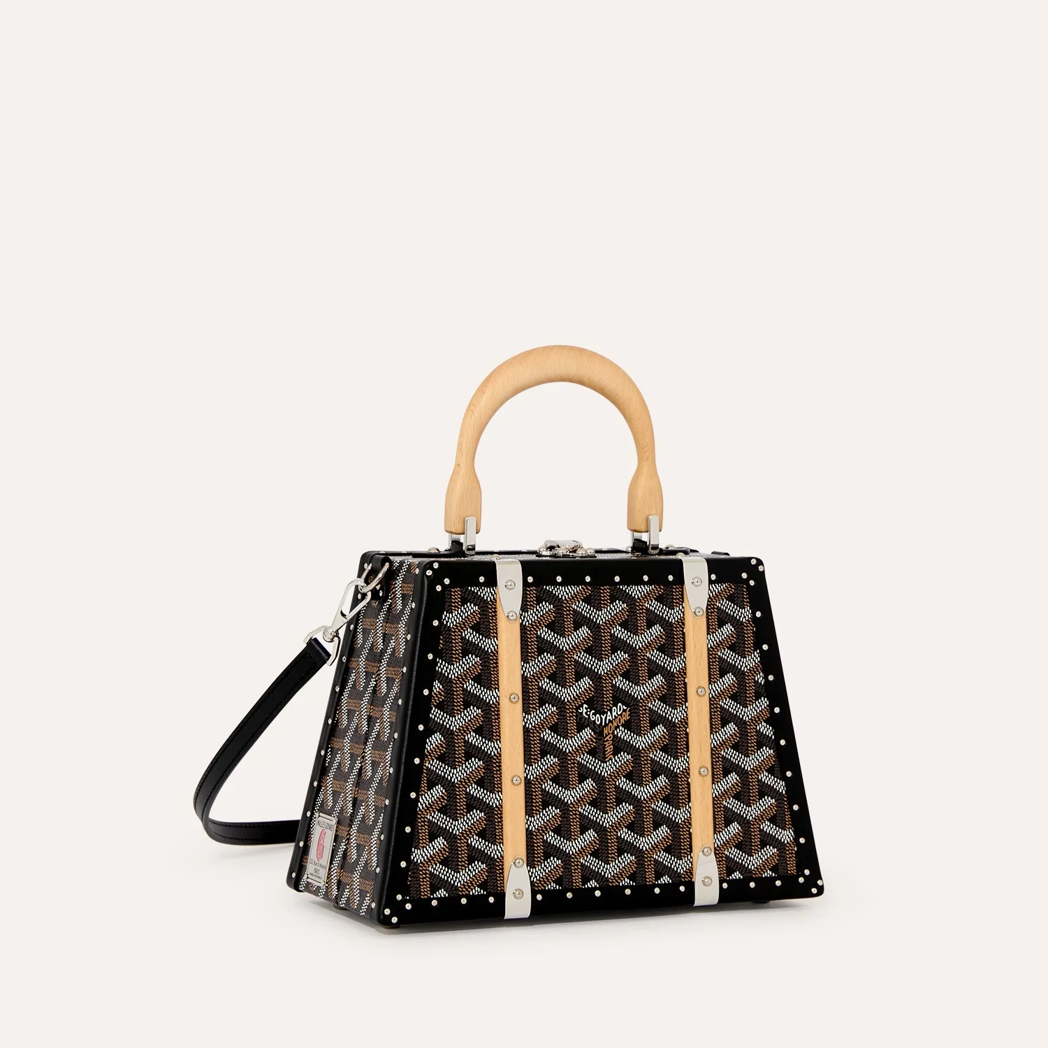 Goyard Sac Malle Saigon Mini green hard trunk bag, iconic goyardine canvas, beechwood top handle, detachable leather shoulder strap, vintage trunk rivet details