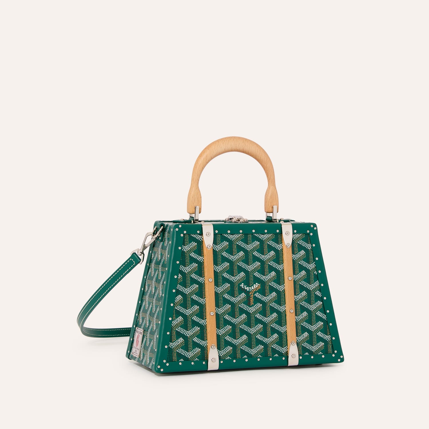 Goyard Sac Malle Saigon Mini green hard trunk bag, iconic goyardine canvas, beechwood top handle, detachable leather shoulder strap, vintage trunk rivet details