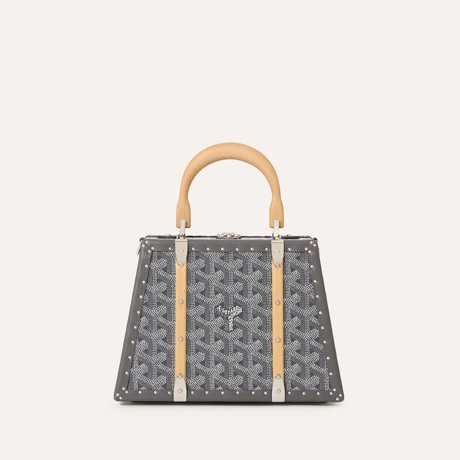 Goyard Sac Malle Saigon Mini green hard trunk bag, iconic goyardine canvas, beechwood top handle, detachable leather shoulder strap, vintage trunk rivet details