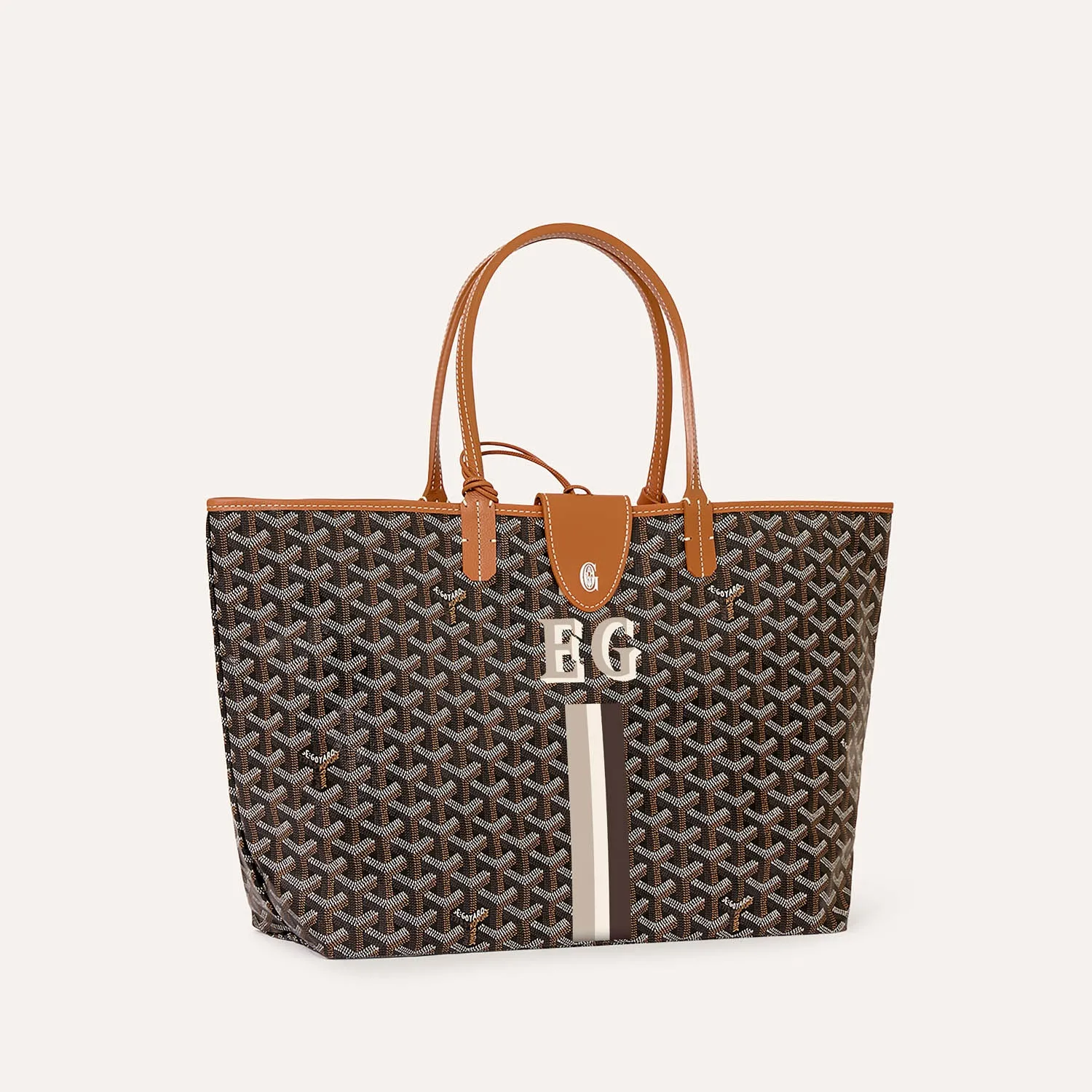 Goyard Saint Louis PM green reversible tote bag, iconic goyardine canvas, chevroches calfskin trim, hand‑painted stripes and initials detail, dual‑sided usable design