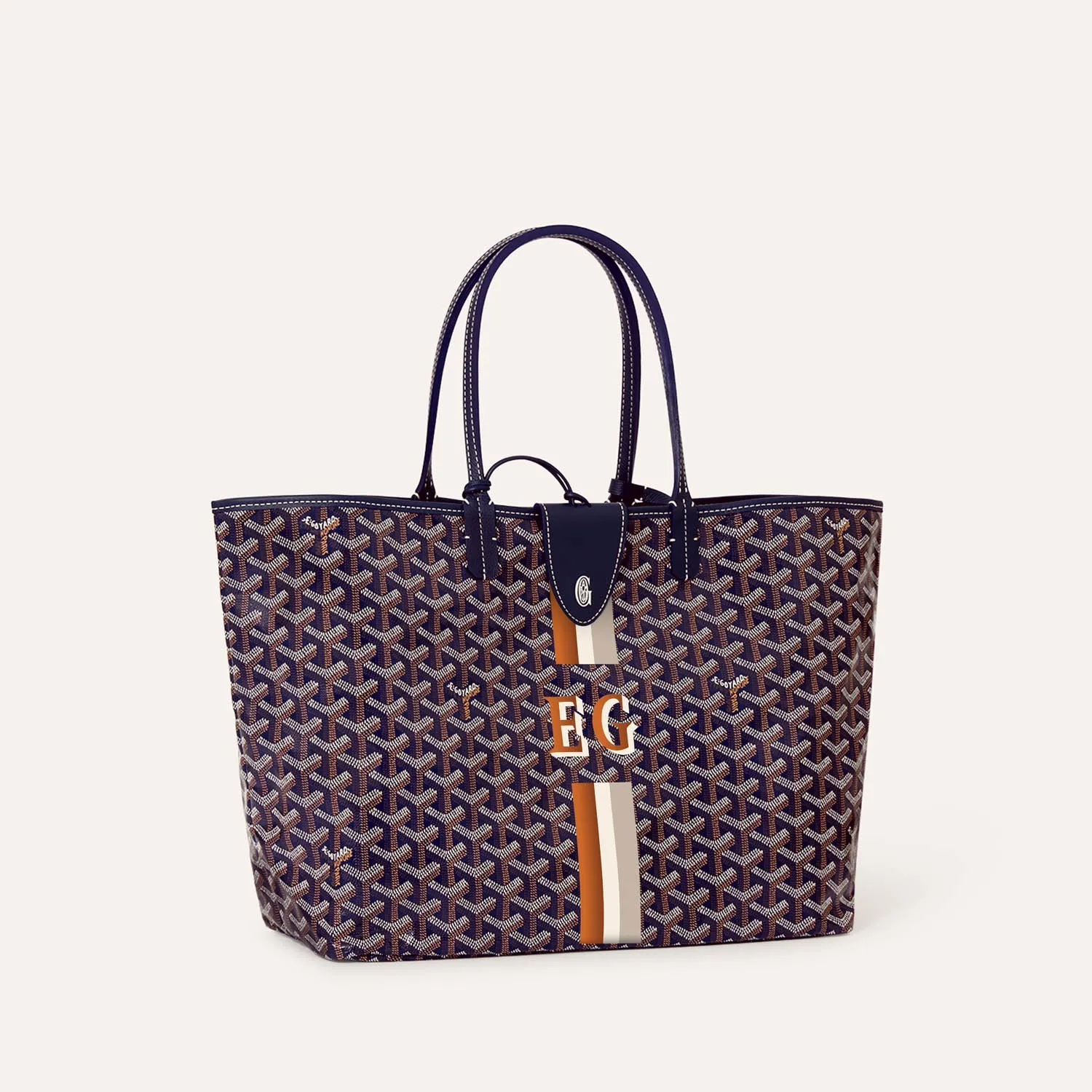 Goyard Saint Louis PM green reversible tote bag, iconic goyardine canvas, chevroches calfskin trim, hand‑painted stripes and initials detail, dual‑sided usable design