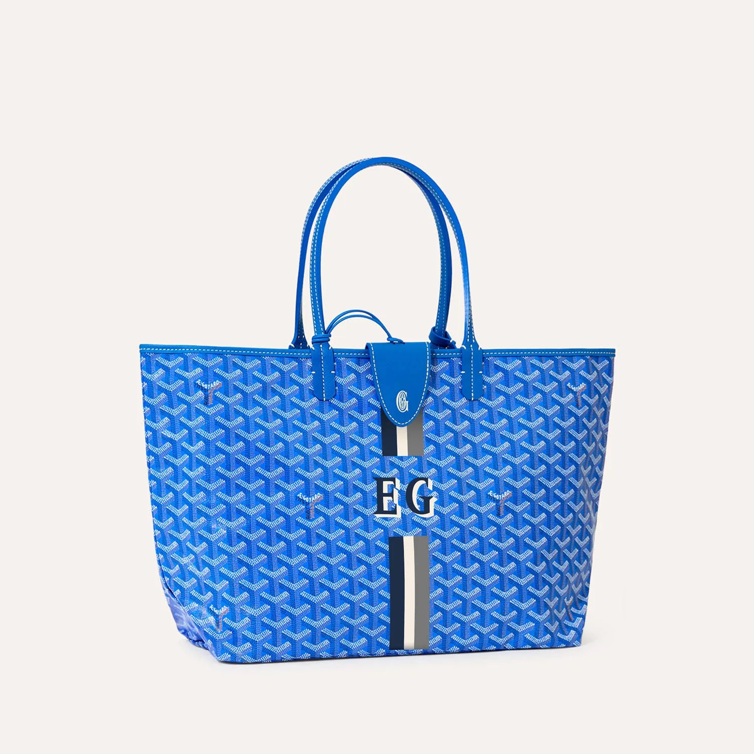 Goyard Saint Louis PM green reversible tote bag, iconic goyardine canvas, chevroches calfskin trim, hand‑painted stripes and initials detail, dual‑sided usable design