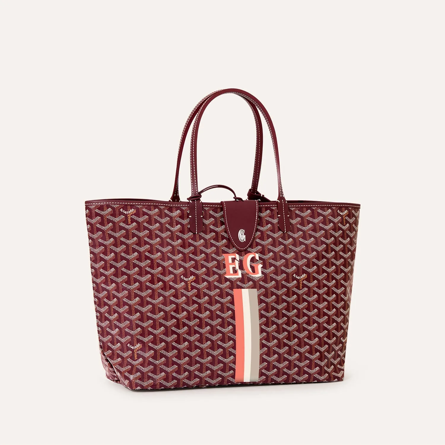 Goyard Saint Louis PM green reversible tote bag, iconic goyardine canvas, chevroches calfskin trim, hand‑painted stripes and initials detail, dual‑sided usable design