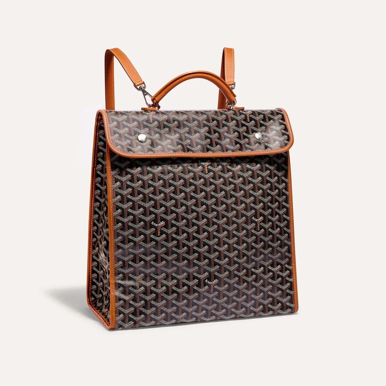 Goyard Saint Léger green flap backpack bag, iconic goyardine canvas, calfskin trim, top leather handle, adjustable shoulder straps, snap‑button flap closure