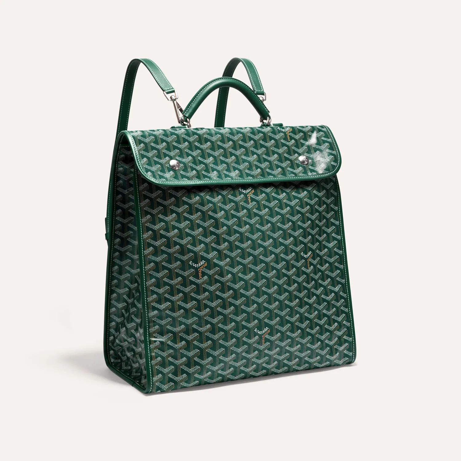 Goyard Saint Léger green flap backpack bag, iconic goyardine canvas, calfskin trim, top leather handle, adjustable shoulder straps, snap‑button flap closure
