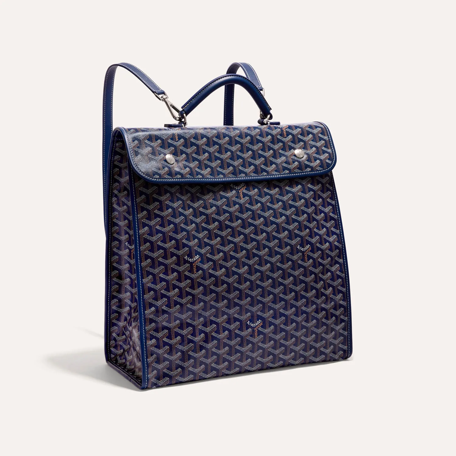 Goyard Saint Léger green flap backpack bag, iconic goyardine canvas, calfskin trim, top leather handle, adjustable shoulder straps, snap‑button flap closure